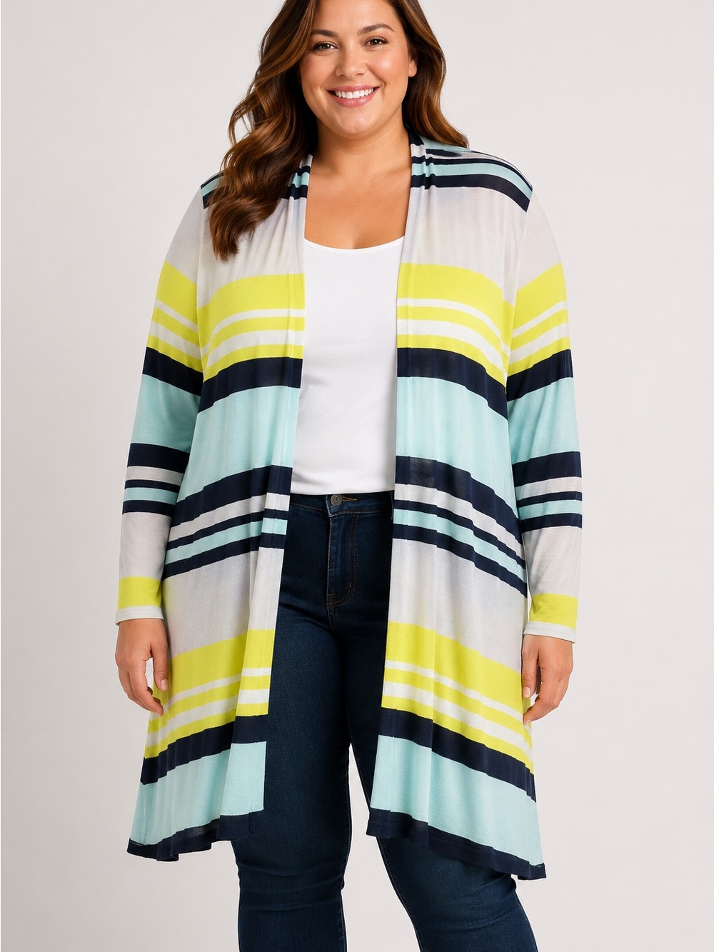 Lane Bryant Striped Open-Front Cardigan in Yellow, Aqua & Navy 14/16